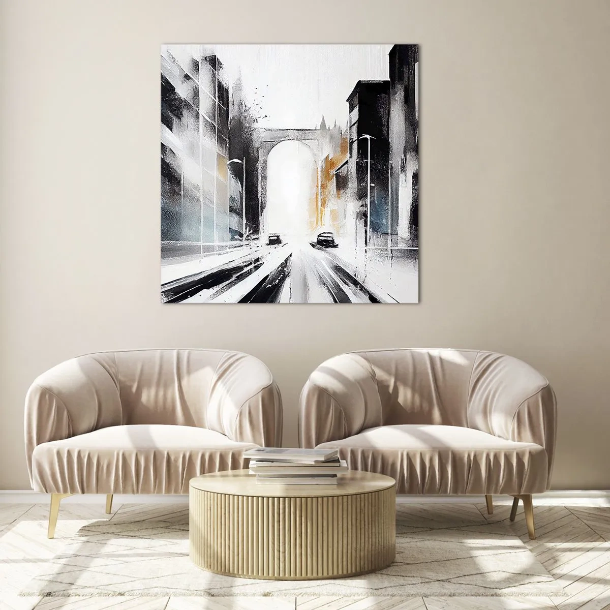 Quadro em vidro - Estudo da cidade: arquitetura e movimento - 50x50 cm