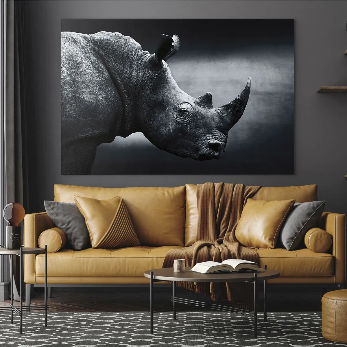 Quadro em vidro - Foto em preto e branco de um rinoceronte - 70x50cm - Perfil direito - Decoração de parede moderna para a sala de estar e quarto ARTTOR