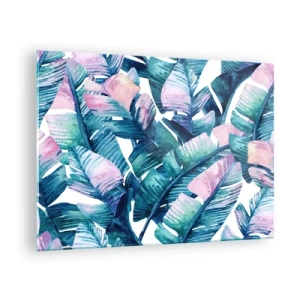 Quadro em vidro - Folhas de bananeira em tons pastéis sobre fundo branco - 70x50cm - Em um bananeiro - Decoração de parede moderna para a sala de estar e quarto ARTTOR