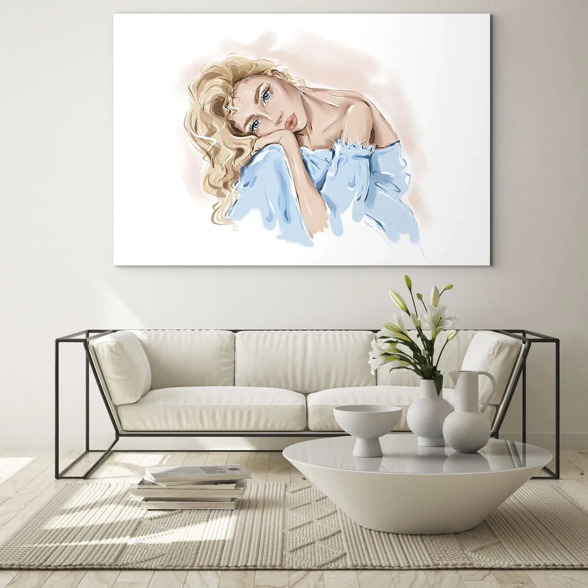 Quadro em vidro - Retrato de uma loira de vestido azul com um olhar pensativo - 70x50cm - Sonhadora em azul - Decoração de parede moderna para a sala de estar e quarto ARTTOR