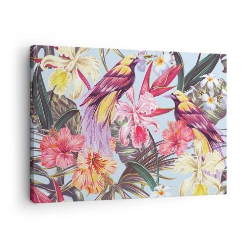 Quadro em tela - Pássaros exóticos entre flores tropicais - 70x50cm - Pétalas e penas - Decoração de parede moderna para a sala de estar e quarto ARTTOR