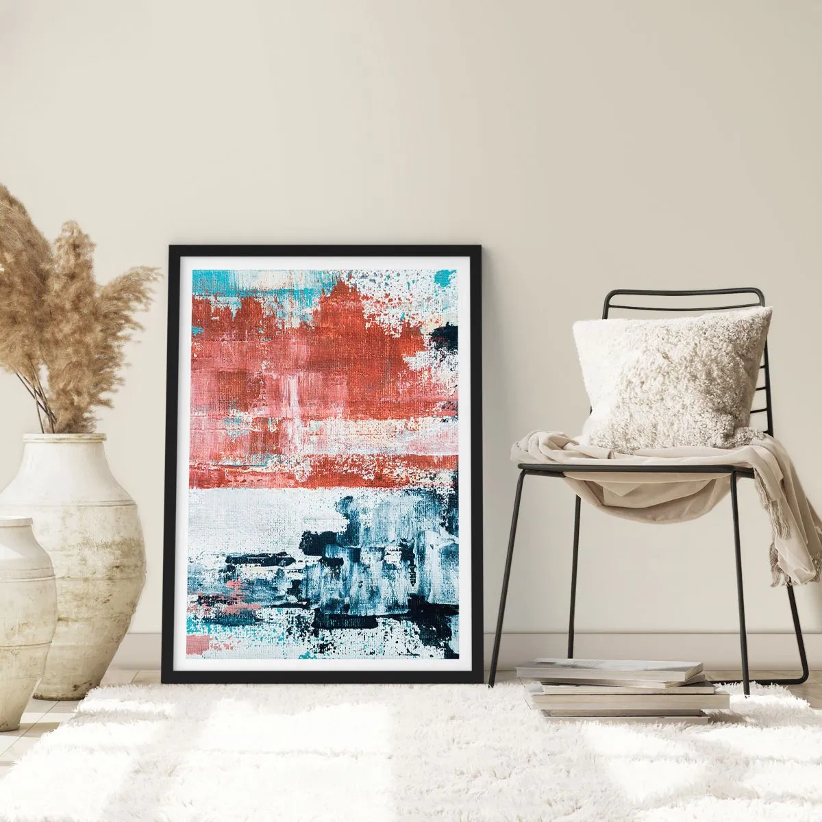 Pôster com moldura preta - Composição abstrata em tons de vermelho, branco e azul - 50x70cm - Meio a meio abstrato - Decoração de parede moderna para a sala de estar e quarto ARTTOR