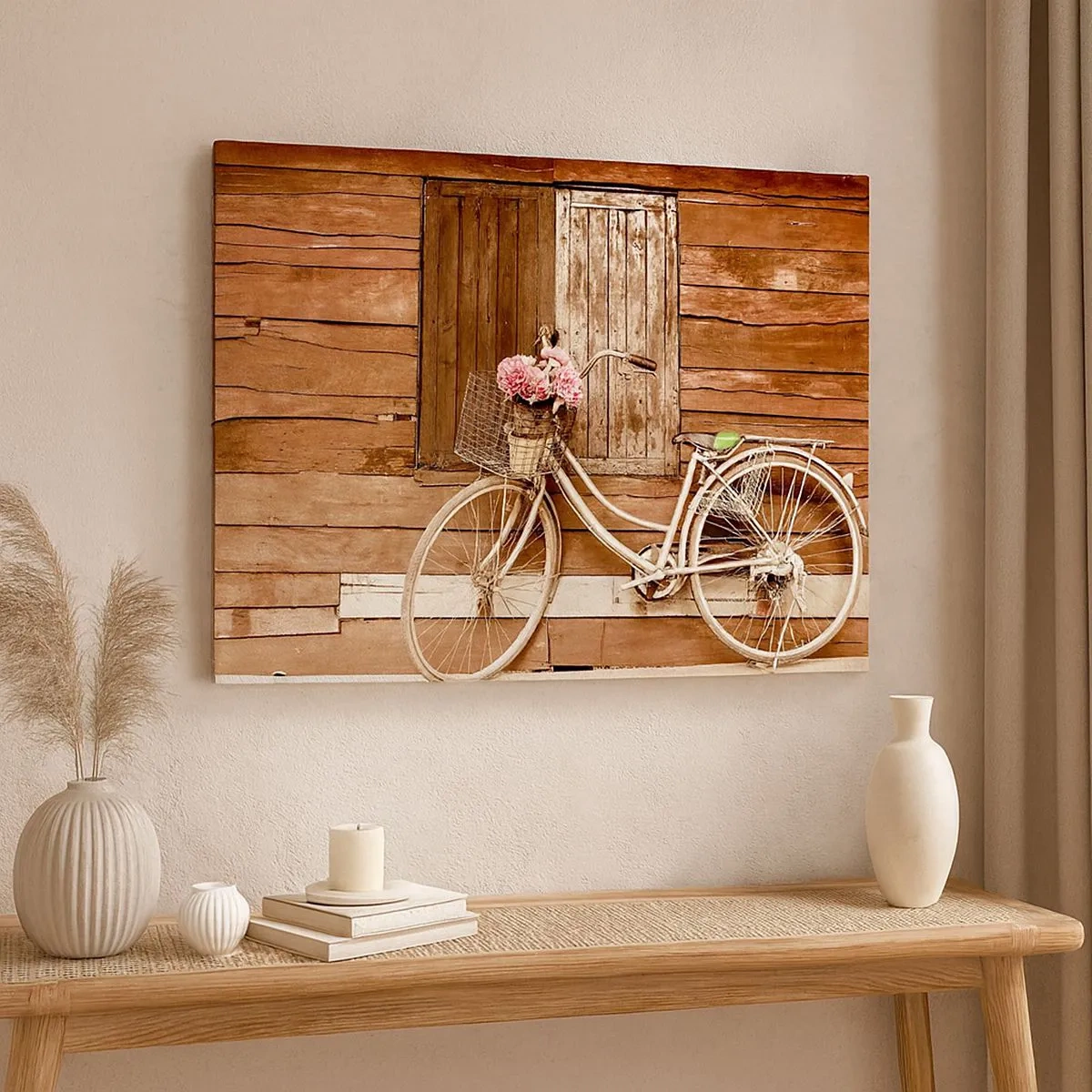Quadro em tela - Uma bicicleta com uma cesta cheia de rosas contra uma parede de madeira - 70x50cm - Volto logo - Decoração de parede moderna para a sala de estar e quarto ARTTOR