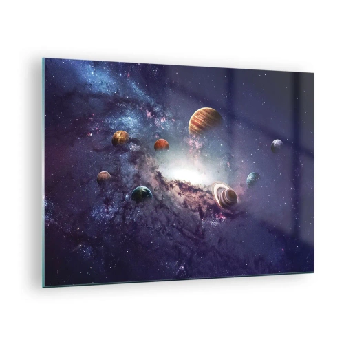 Quadro em vidro - Uma visão fantasiosa de planetas girando no espaço - 70x50cm - Sistema da dança solar - Decoração de parede moderna para a sala de estar e quarto ARTTOR