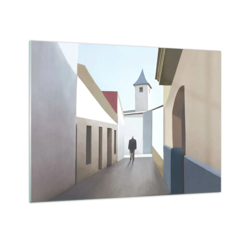 Quadro em vidro - Uma rua ao sol com uma figura caminhando ao longe - 70x50cm - Um passeio ensolarado - Decoração de parede moderna para a sala de estar e quarto ARTTOR