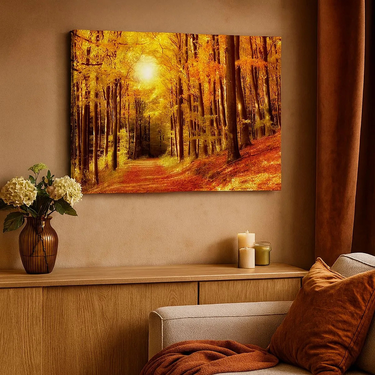 Quadro em tela - Floresta de outono com raios de sol brilhando através das árvores - 70x50cm - Outono dourado na estrada da floresta - Decoração de parede moderna para a sala de estar e quarto ARTTOR