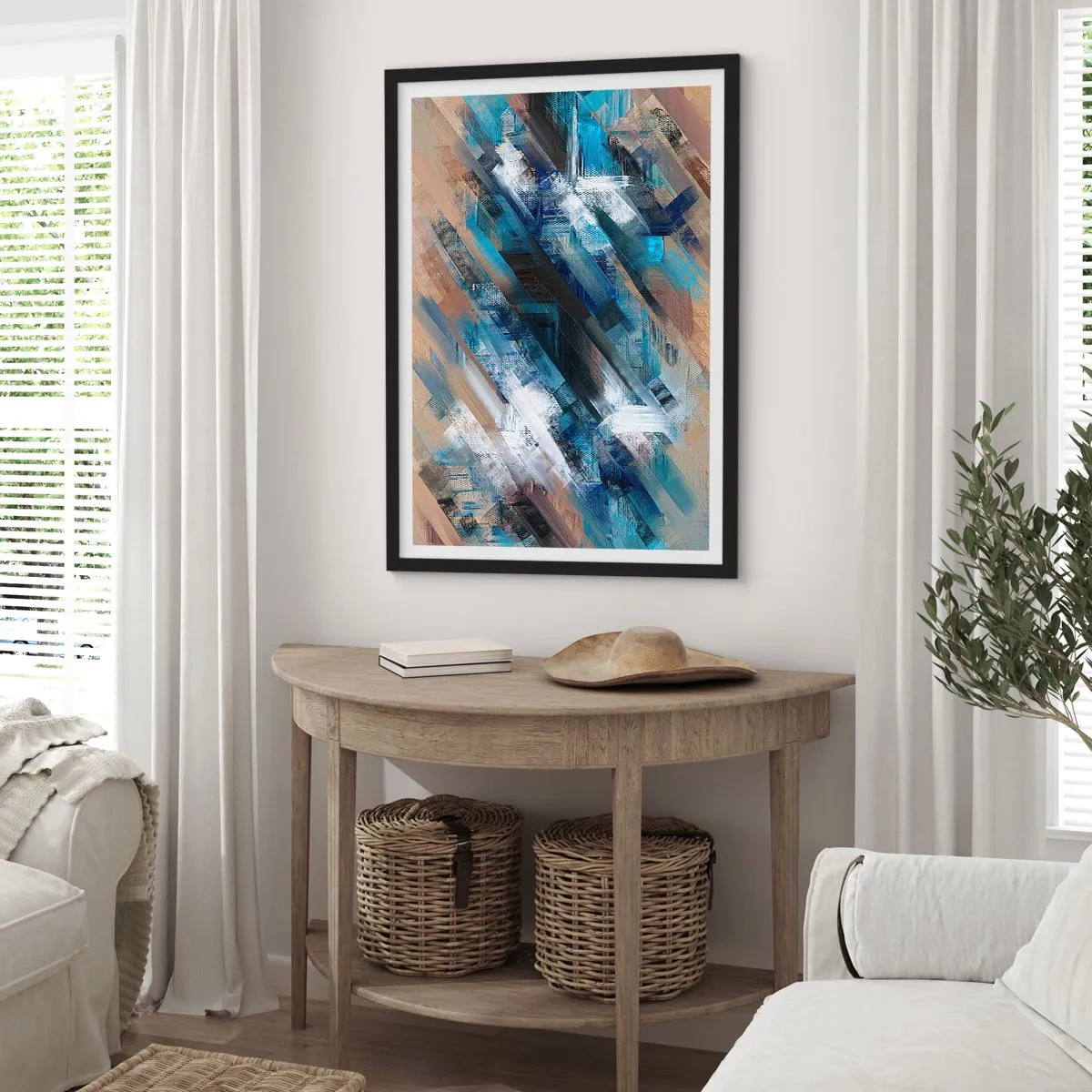 Pôster com moldura preta - Uma composição abstrata com linhas diagonais em tons de azul. - 50x70cm - Numa diagonal azul - Decoração de parede moderna para a sala de estar e quarto ARTTOR