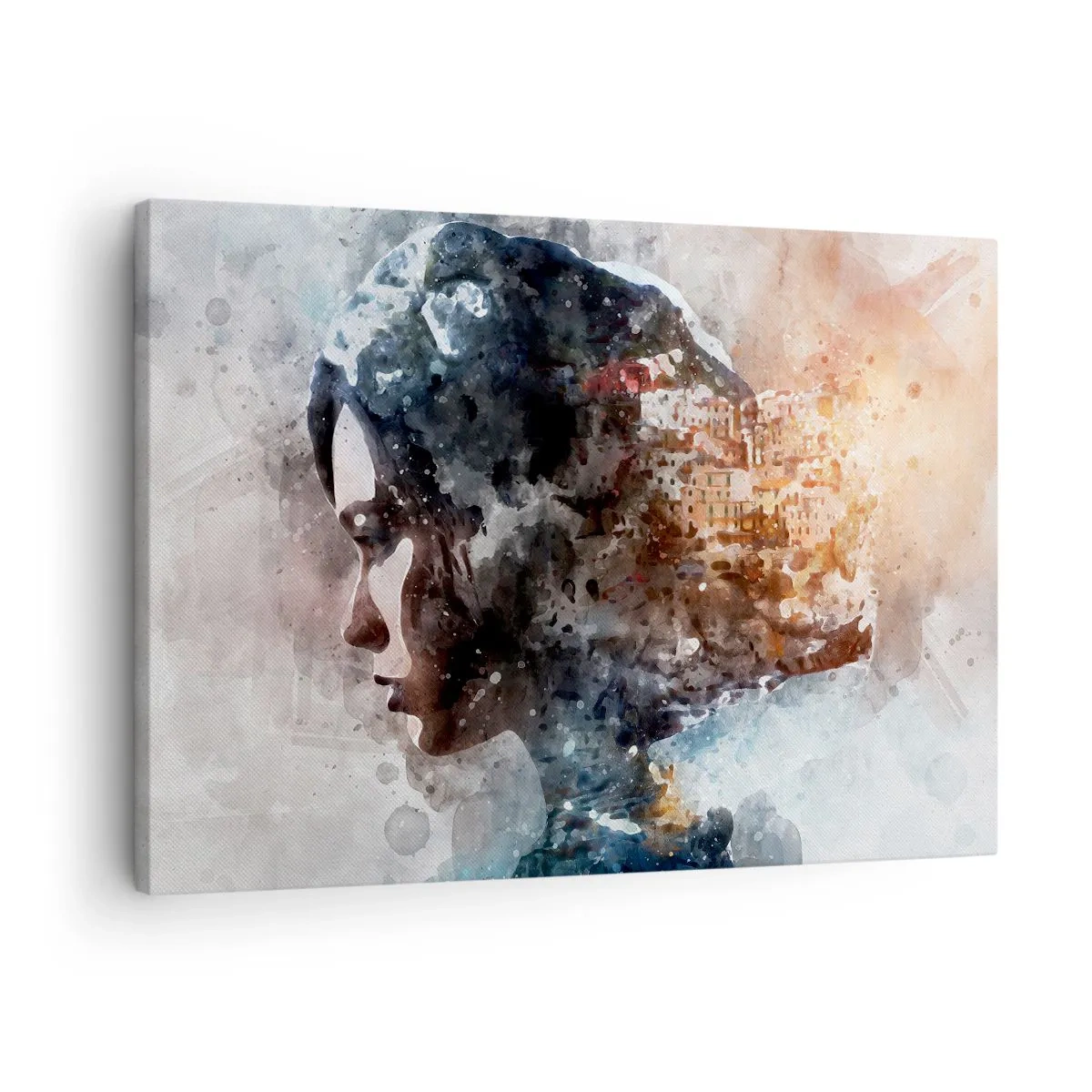 Quadro em tela - Retrato de uma mulher combinando seu rosto com uma paisagem urbana ao fundo - 70x50cm - Uma história sobre uma menina e uma cidade ao fundo - Decoração de parede moderna para a sala de estar e quarto ARTTOR