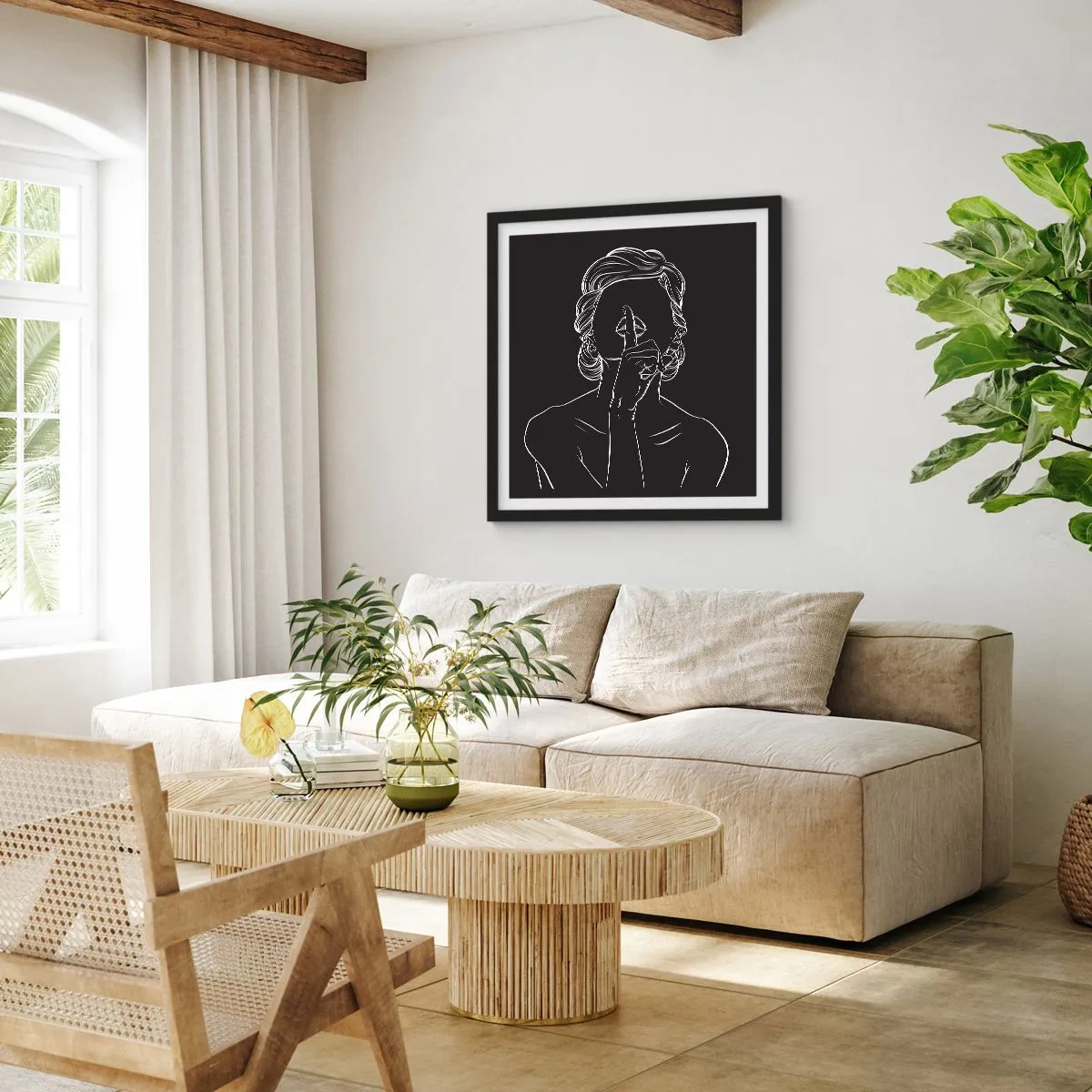 Pôster com moldura preta - A beleza floresce em silêncio - 50x50 cm