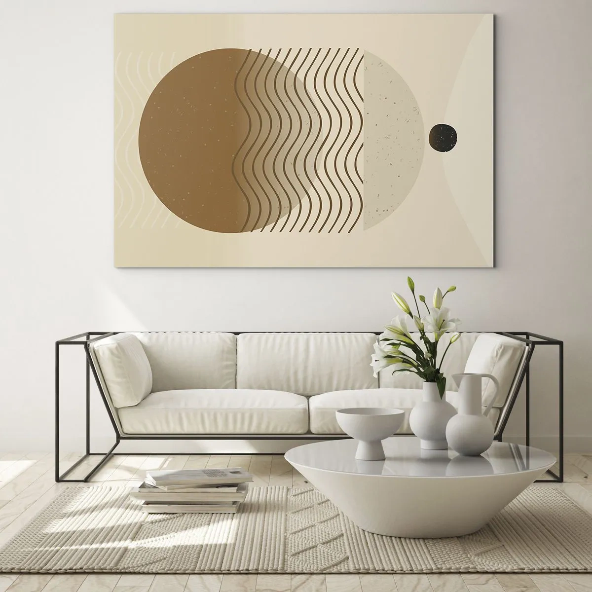 Quadro em vidro - Composição geométrica com ondas e círculos em cores bege - 70x50cm - Sobre a origem das figuras geométricas - Decoração de parede moderna para a sala de estar e quarto ARTTOR