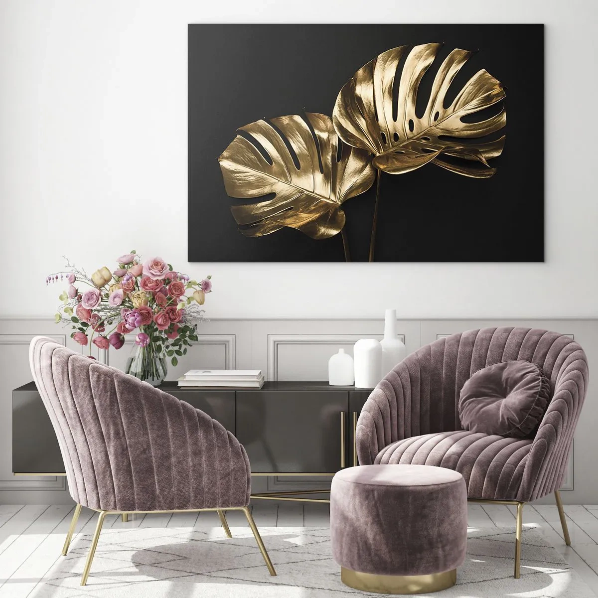 Quadro em vidro - Folhas de monstera douradas em um fundo preto - 70x50cm - Tesouros da natureza - Decoração de parede moderna para a sala de estar e quarto ARTTOR