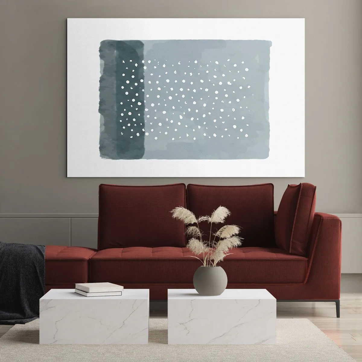 Quadro em vidro - Uma pintura abstrata em tons de azul com pontos brancos. - 70x50cm - Cultivado em azul - Decoração de parede moderna para a sala de estar e quarto ARTTOR