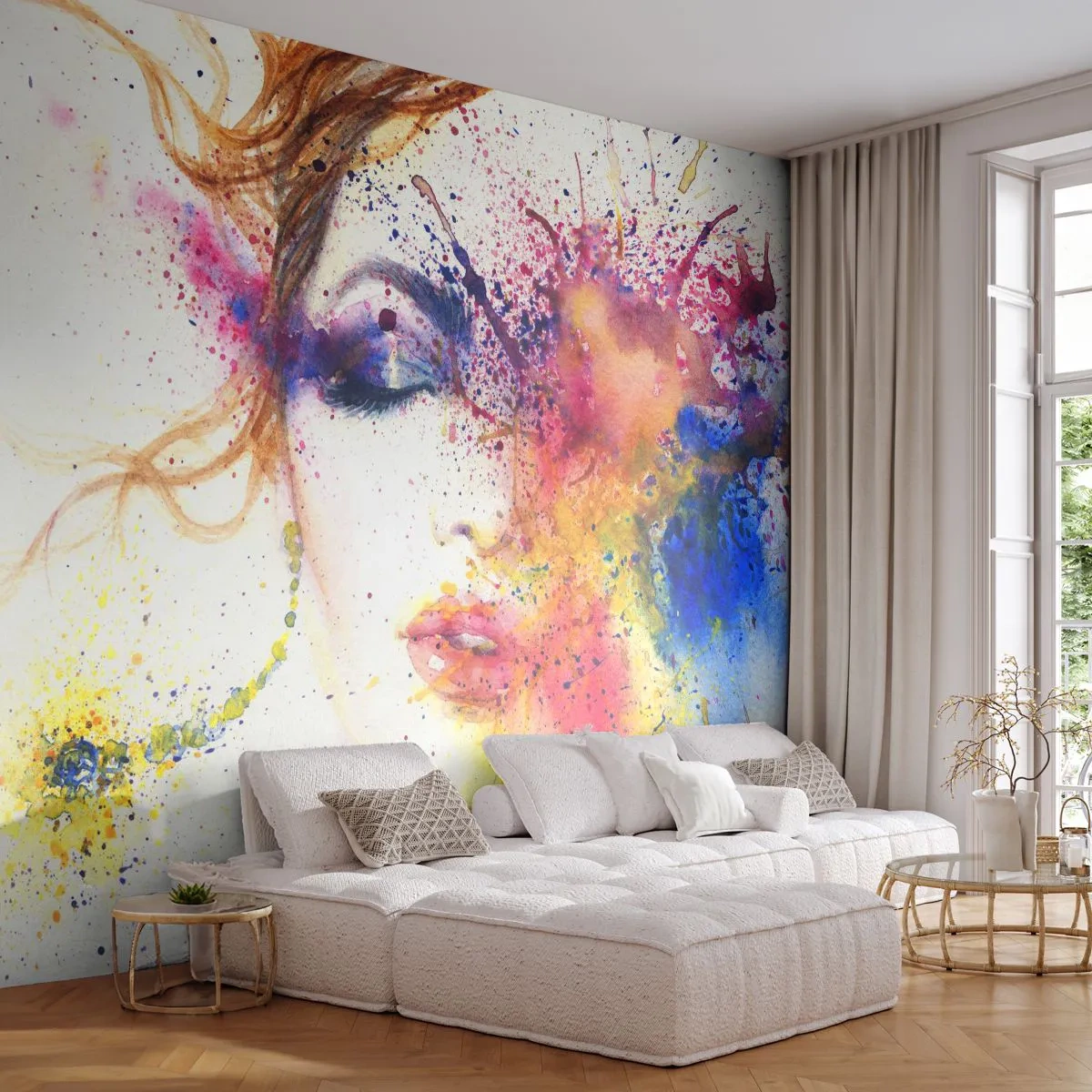 Papel de Parede Premium Sand - Vertigem arco-íris - Abstração, Rosto de mulher, Retrato de uma mulher - 200x140 cm