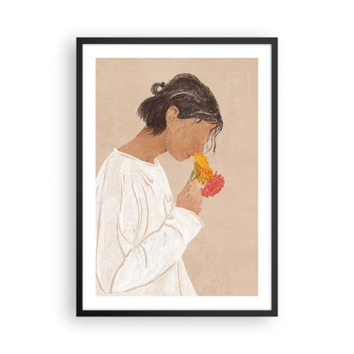 Pôster com moldura preta - Uma mulher de branco refletindo sobre flores - 50x70cm - Menina e flores - Decoração de parede moderna para a sala de estar e quarto ARTTOR