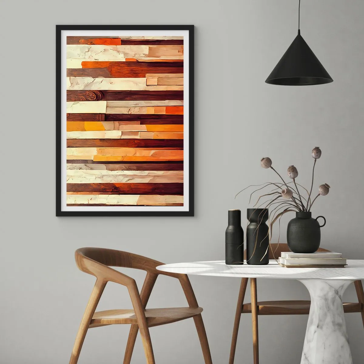 Pôster com moldura preta - Uma composição abstrata de painéis de madeira em cores quentes. - 50x70cm - Hino das árvores da floresta - Decoração de parede moderna para a sala de estar e quarto ARTTOR