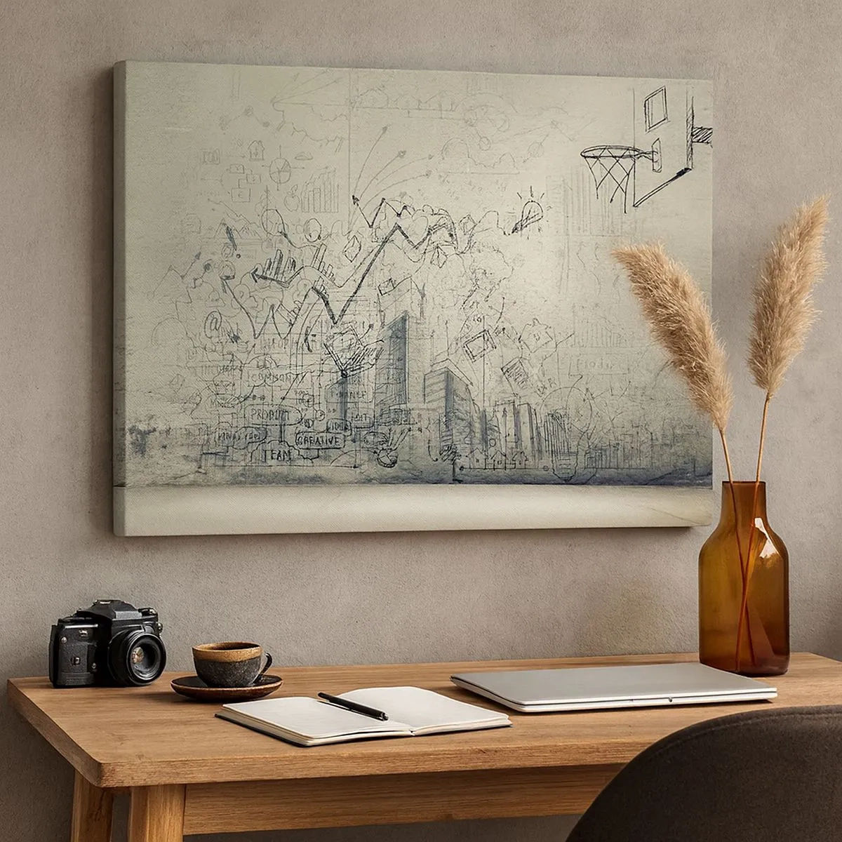 Quadro em tela - Desenhos e diagramas contra o fundo de uma parede crua - 70x50cm - Minha vida maravilhosa na cidade - Decoração de parede moderna para a sala de estar e quarto ARTTOR