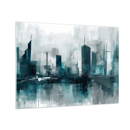 Quadro em vidro - Uma cidade moderna em tons de azul e cinza - 70x50cm - Uma cidade da cor da chuva - Decoração de parede moderna para a sala de estar e quarto ARTTOR