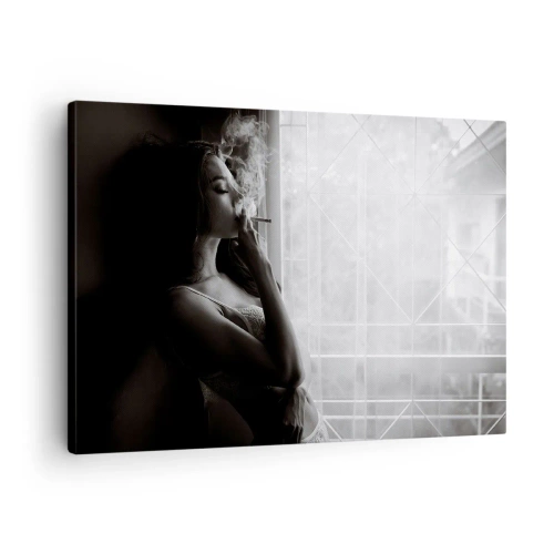 Quadro em tela - Uma mulher em pose sensual em uma fotografia em preto e branco - 70x50cm - Um momento sensual - Decoração de parede moderna para a sala de estar e quarto ARTTOR
