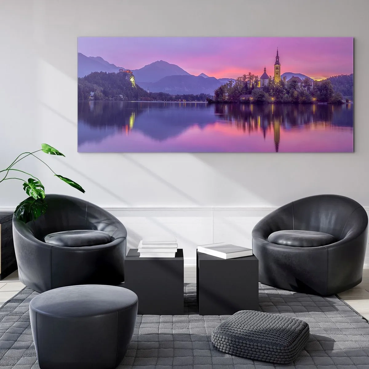Quadro em vidro - Ilha de conto de fadas ao anoitecer  - 90x30 cm