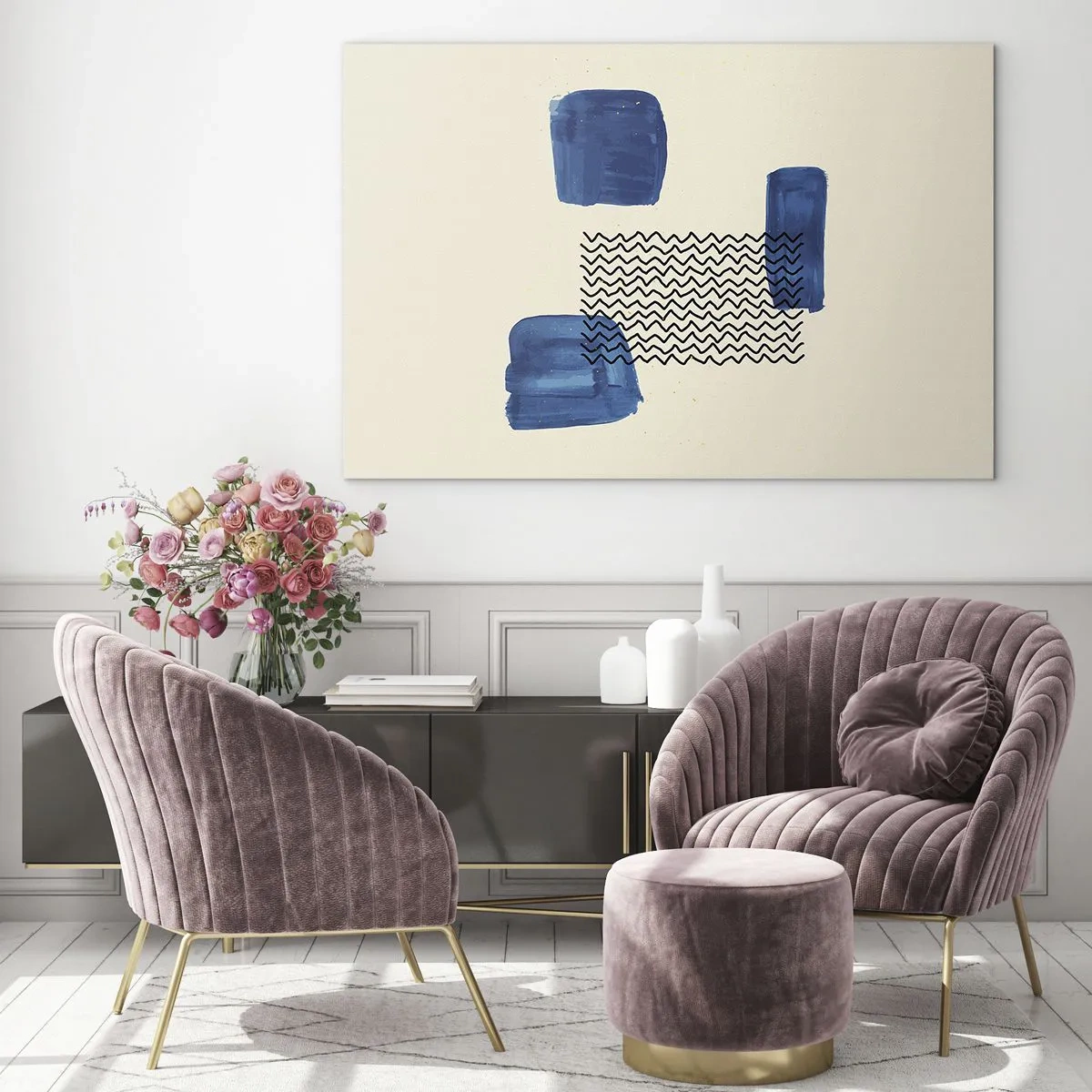 Quadro em vidro - Abstração moderna com detalhes em azul - 70x50cm - Quarteto abstrato - Decoração de parede moderna para a sala de estar e quarto ARTTOR