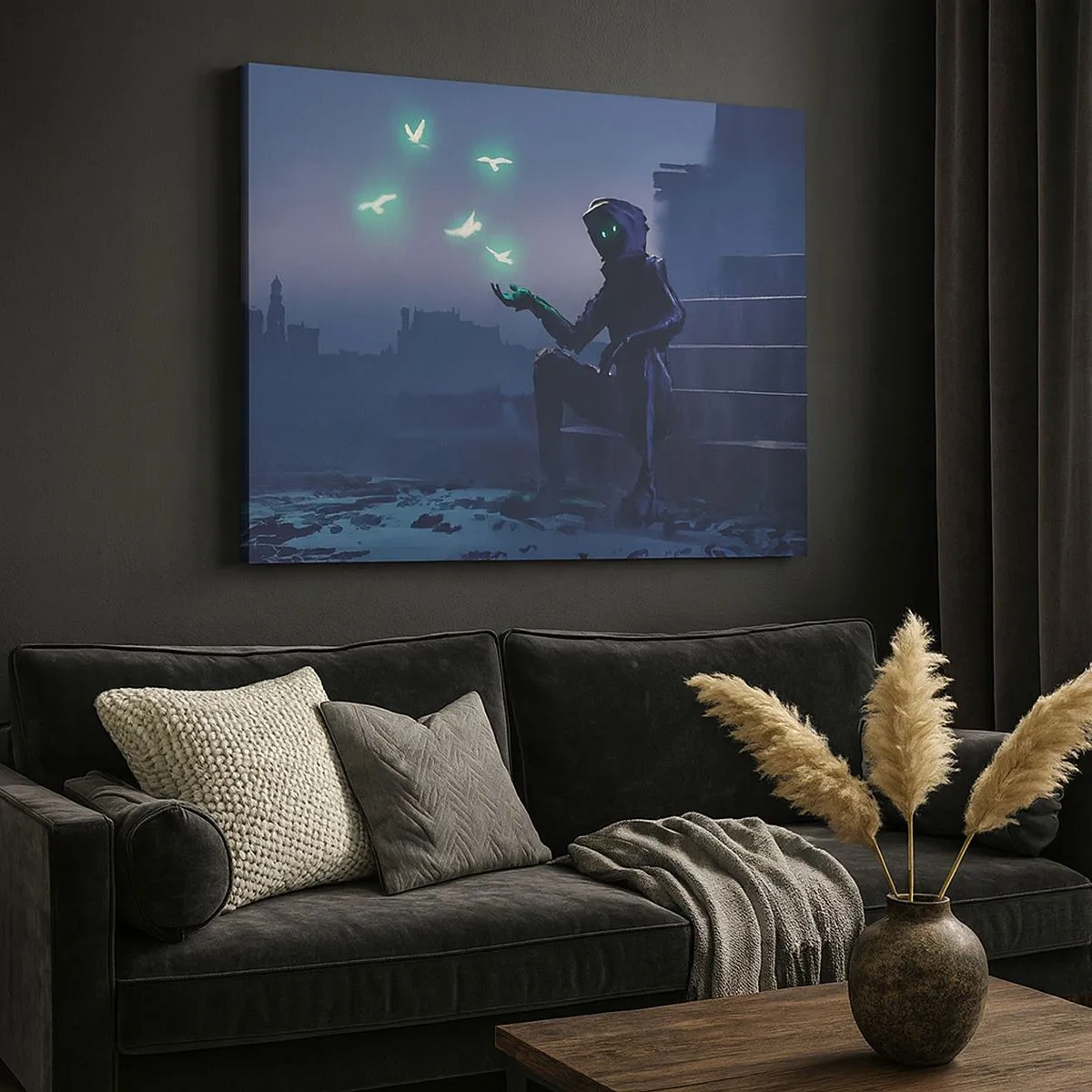 Quadro em tela - Uma figura encapuzada com pássaros mágicos no fundo de uma cidade - 70x50cm - A vida vai voltar - Decoração de parede moderna para a sala de estar e quarto ARTTOR