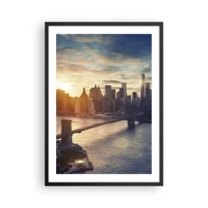 Pôster com moldura preta - Vista de Manhattan ao pôr do sol com a Ponte do Brooklyn - 50x70cm - Monumento da cultura ocidental - Decoração de parede moderna para a sala de estar e quarto ARTTOR