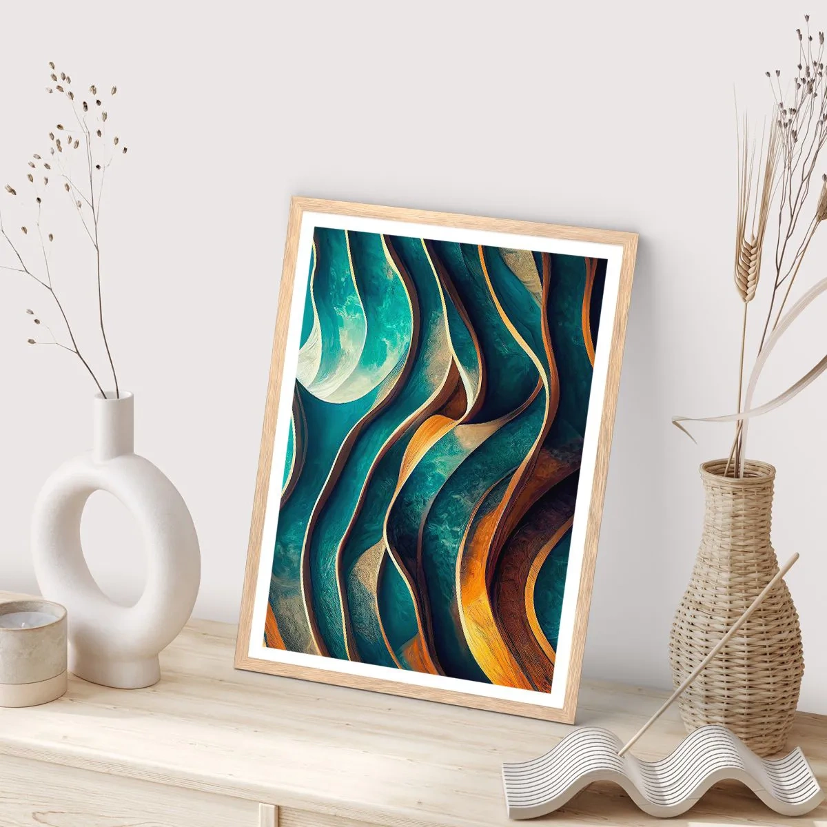 Pôster com moldura de carvalho claro - Meandros de azul - 70x100 cm