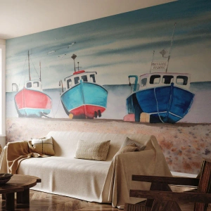 Papel de Parede Standard Eco - Três barcos de pesca coloridos na praia em estilo pictórico - 100x70cm - Pronto para pescar - Decoração de parede moderna para a sala de estar e quarto ARTTOR
