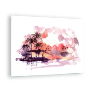 Quadro em vidro - Paisagem tropical ao pôr do sol em aquarela - 70x50cm - A tranquilidade dos trópicos em vermelho - Decoração de parede moderna para a sala de estar e quarto ARTTOR