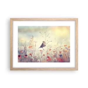 Pôster com moldura de carvalho claro - Retrato de um pássaro com um prado no fundo - 40x30 cm