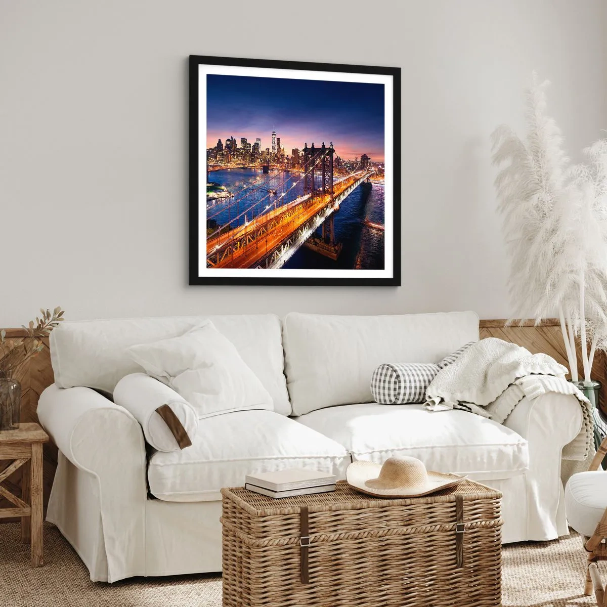 Pôster com moldura preta - Uma ponte luminosa para o coração da cidade - 30x30 cm