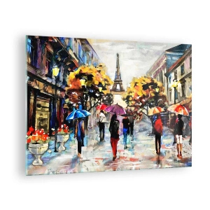 Quadro em vidro - A Torre Eiffel ao fundo, com pessoas caminhando sob guarda-chuvas coloridos - 70x50cm - Especialmente bonita no outono - Decoração de parede moderna para a sala de estar e quarto ARTTOR