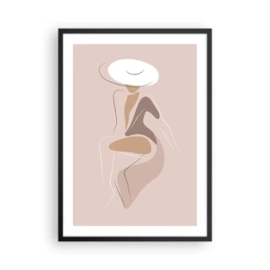 Pôster com moldura preta - Uma imagem minimalista de uma mulher de chapéu em um fundo bege. - 50x70cm - Ser uma dama - Decoração de parede moderna para a sala de estar e quarto ARTTOR
