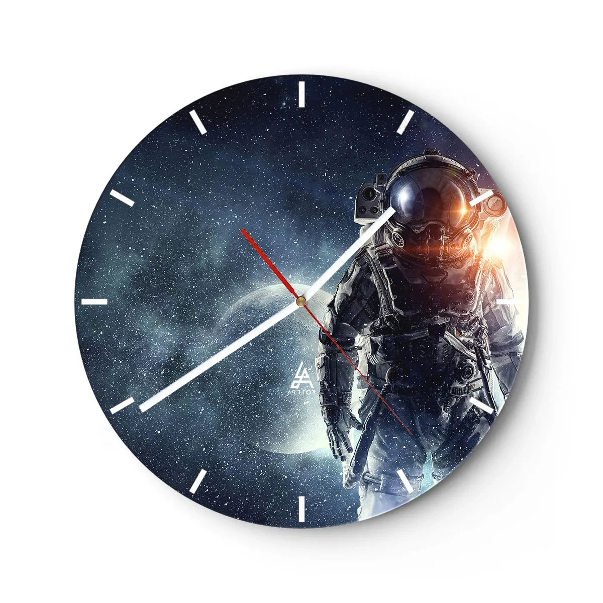 Relógio de parede - Relógio em vidro - Astronauta no espaço com um planeta e estrelas ao fundo - 30x30cm - Aventura espacial - Decoração de parede moderna para a sala de estar, cozinha e quarto ARTTOR