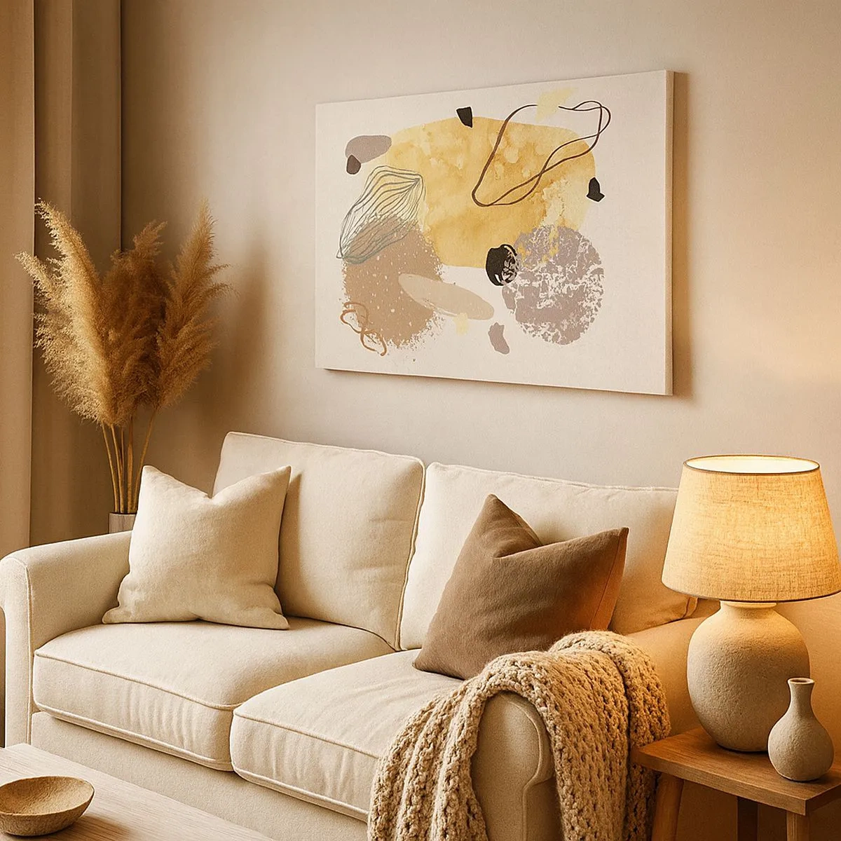 Quadro em tela - Uma composição de formas abstratas em bege e amarelo. - 70x50cm - Plumcologia aplicada - Decoração de parede moderna para a sala de estar e quarto ARTTOR
