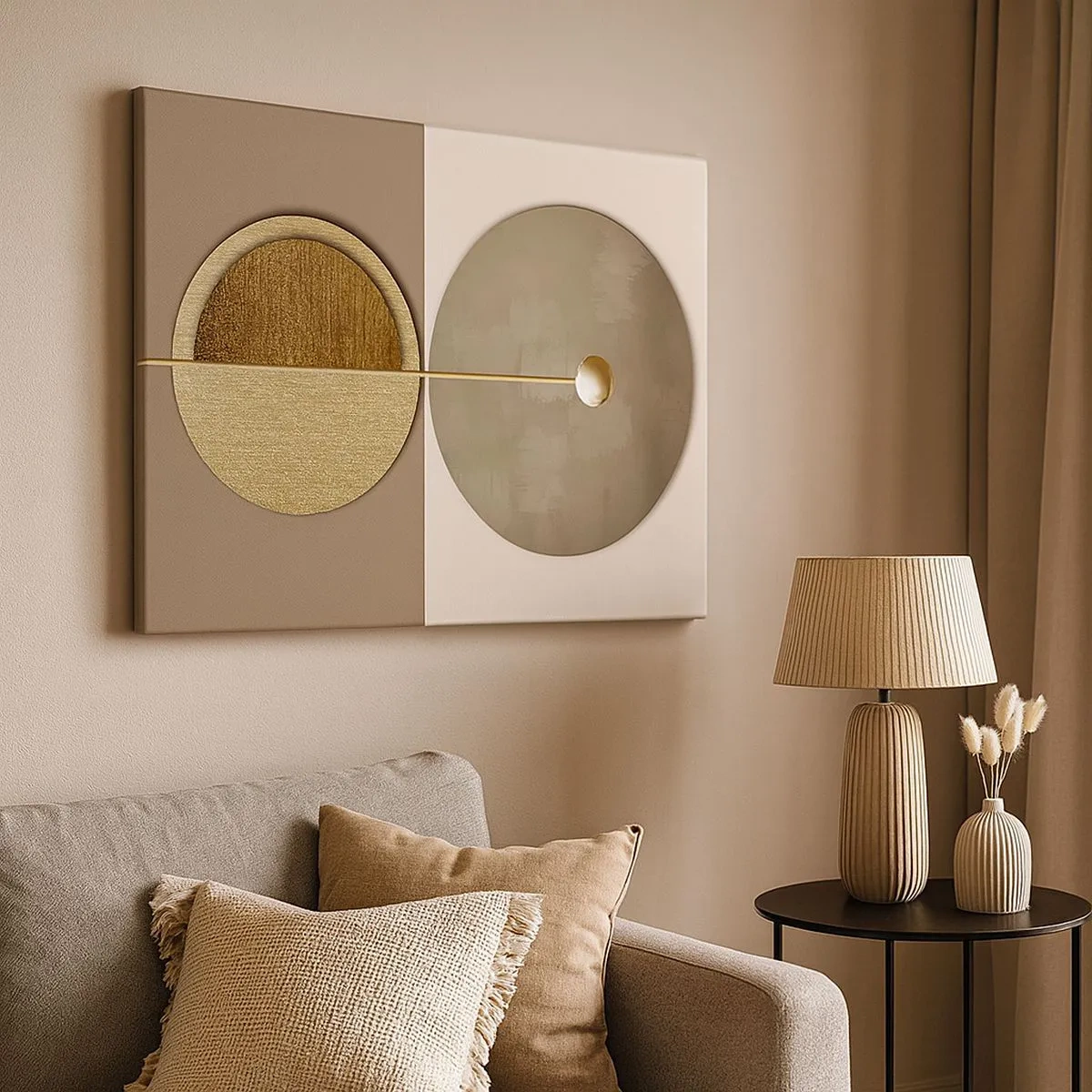 Quadro em tela - Círculos abstratos em tons de dourado e bege - 70x50cm - Equilíbrio perfeito - Decoração de parede moderna para a sala de estar e quarto ARTTOR