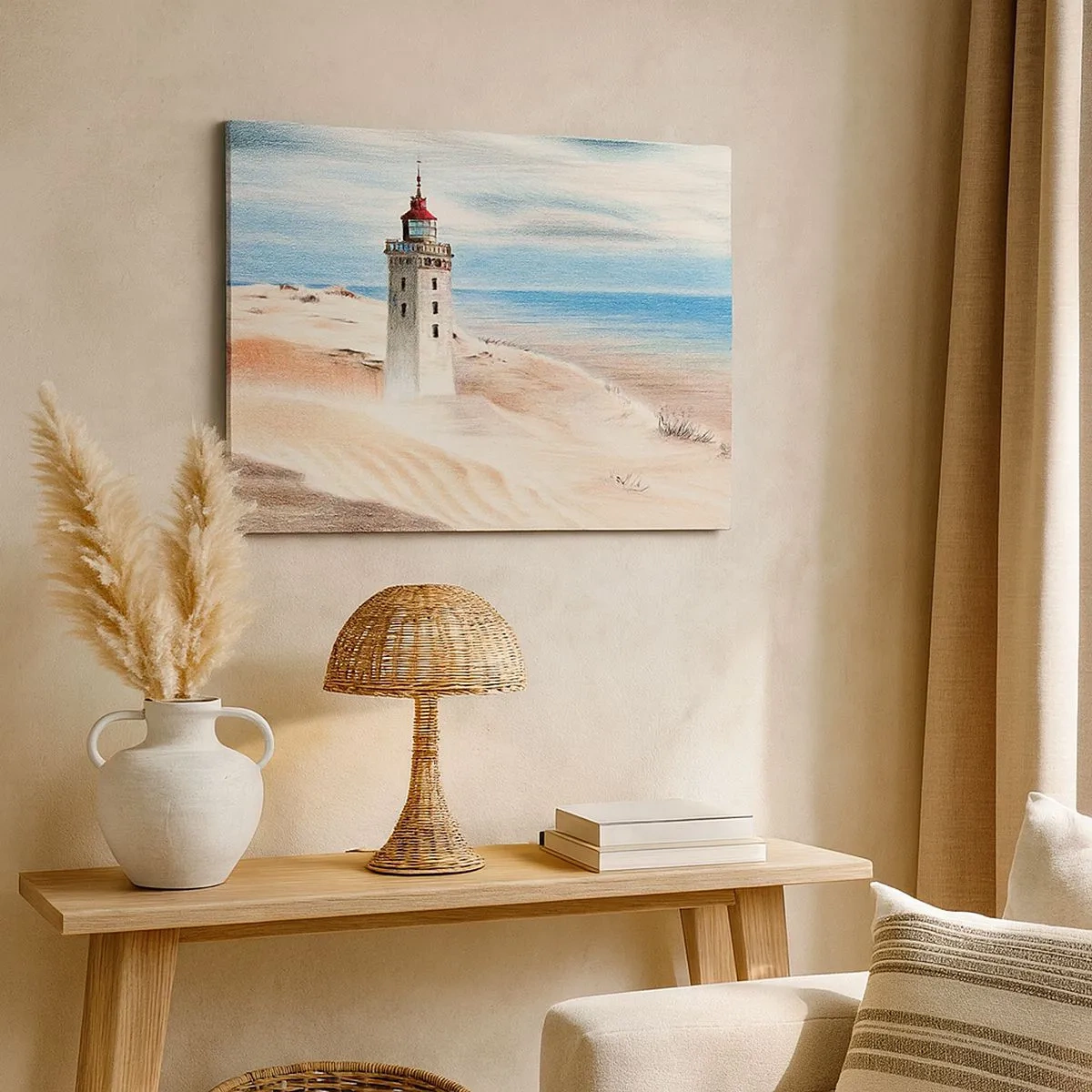 Quadro em tela - Um farol cercado por dunas de areia e um céu azul - 70x50cm - Sempre a olhar para o mar - Decoração de parede moderna para a sala de estar e quarto ARTTOR