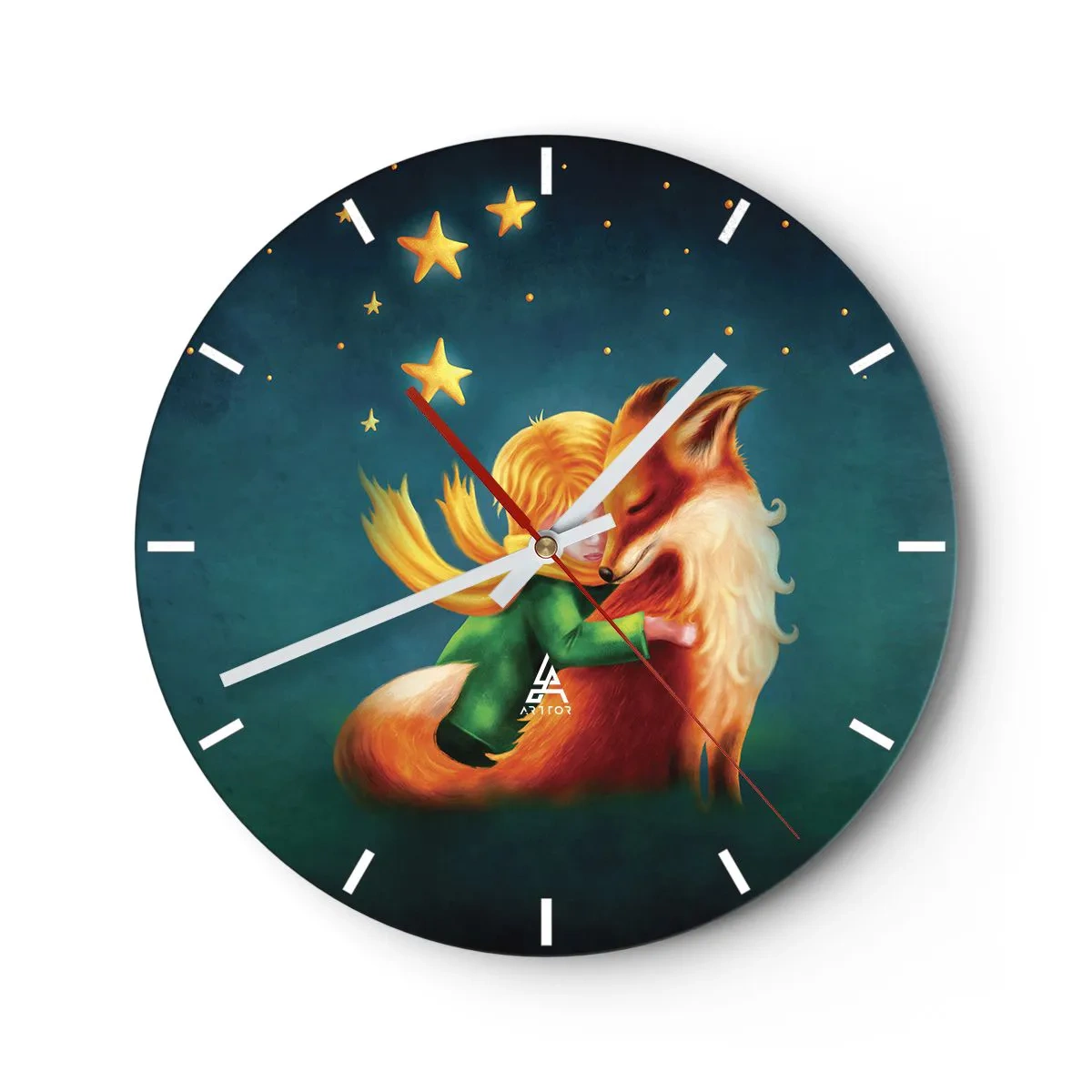 Relógio de parede - Relógio em vidro - Pequeno Príncipe abraçando uma raposa sob um céu estrelado - 30x30cm - O Pequeno Príncipe - Decoração de parede moderna para a sala de estar, cozinha e quarto ARTTOR