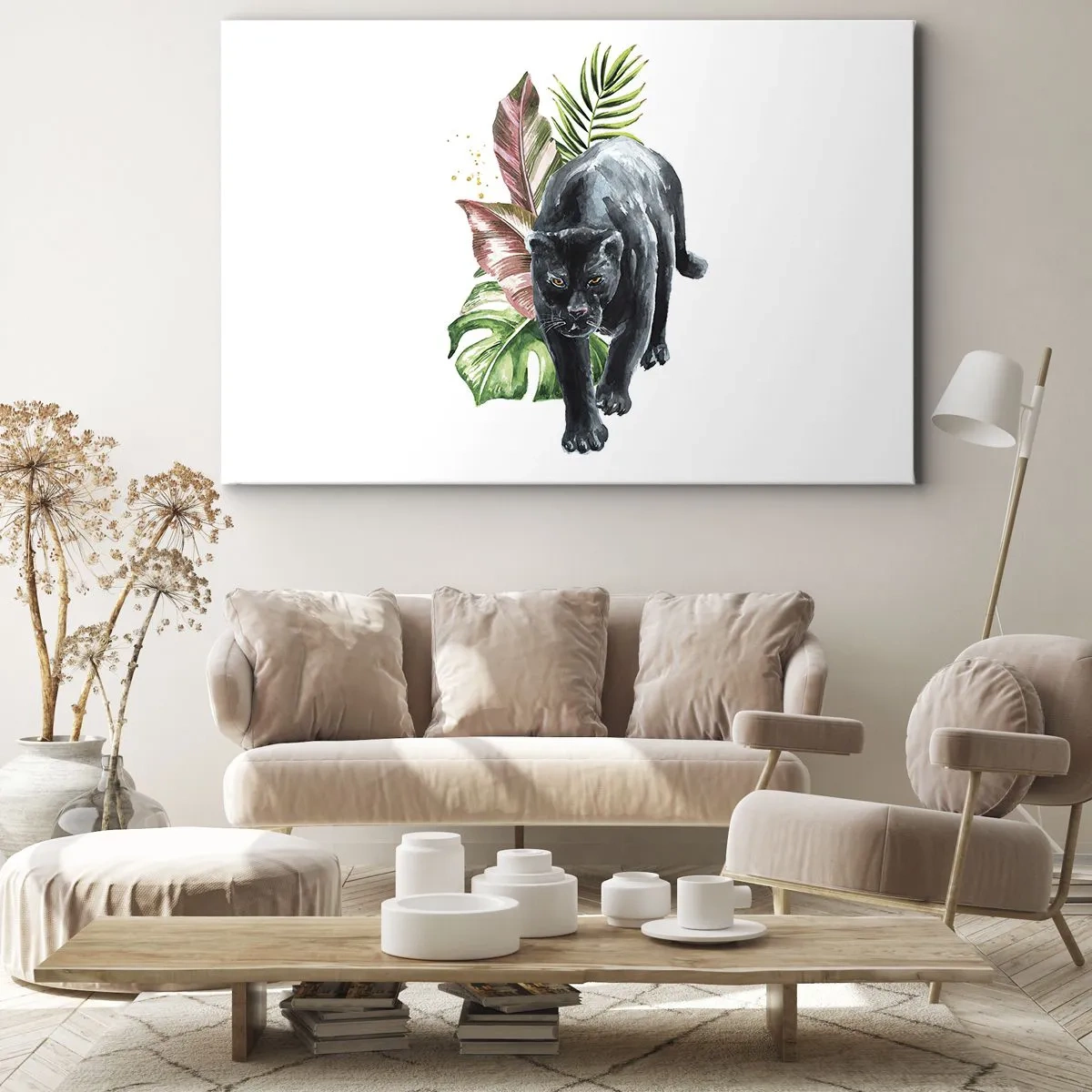 Quadro em tela - Pantera negra cercada por folhas tropicais - 70x50cm - Coração selvagem - Decoração de parede moderna para a sala de estar e quarto ARTTOR