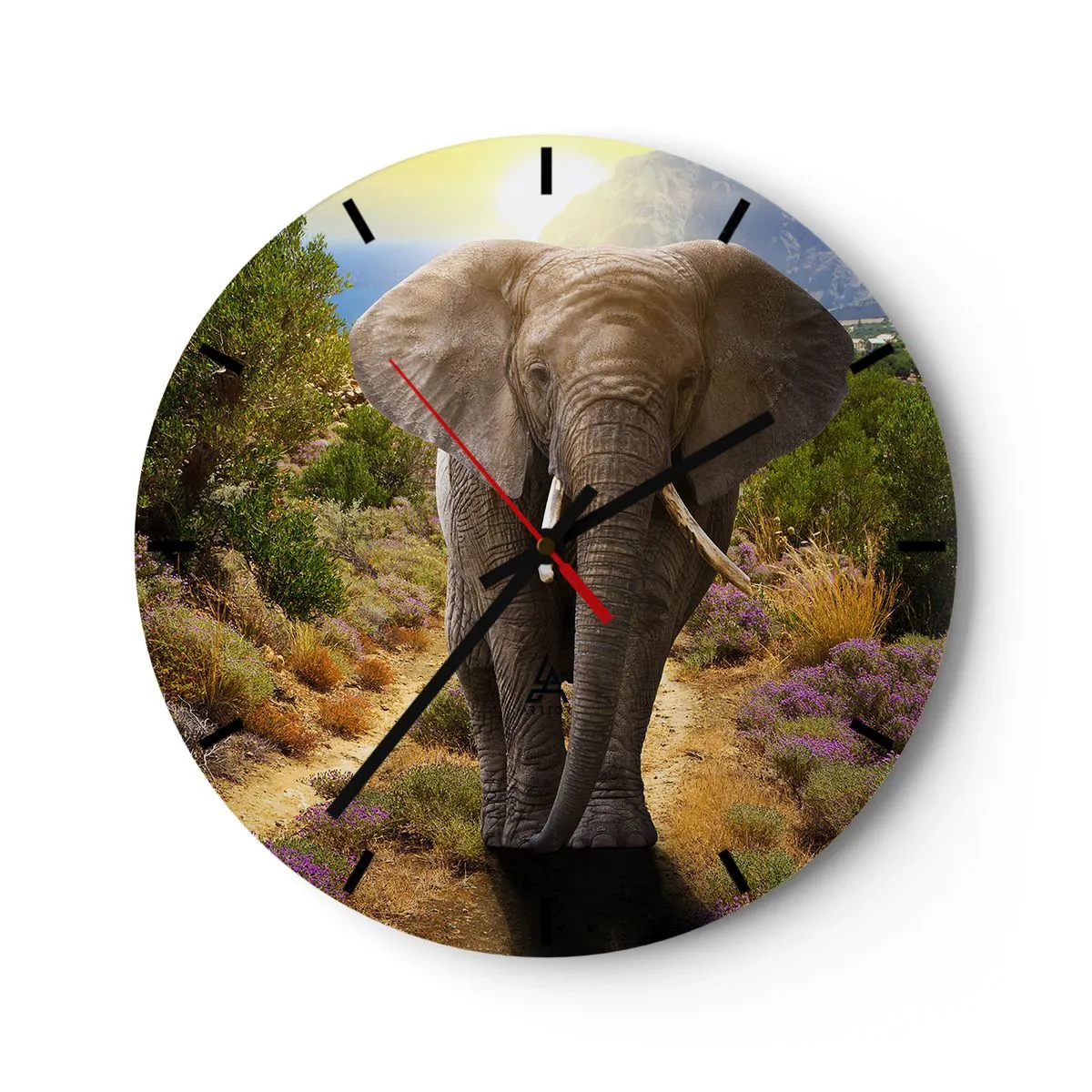 Relógio de parede - Relógio em vidro - Um elefante no fundo da natureza em um dia ensolarado - 30x30cm - Assim era o Éden - Decoração de parede moderna para a sala de estar, cozinha e quarto ARTTOR