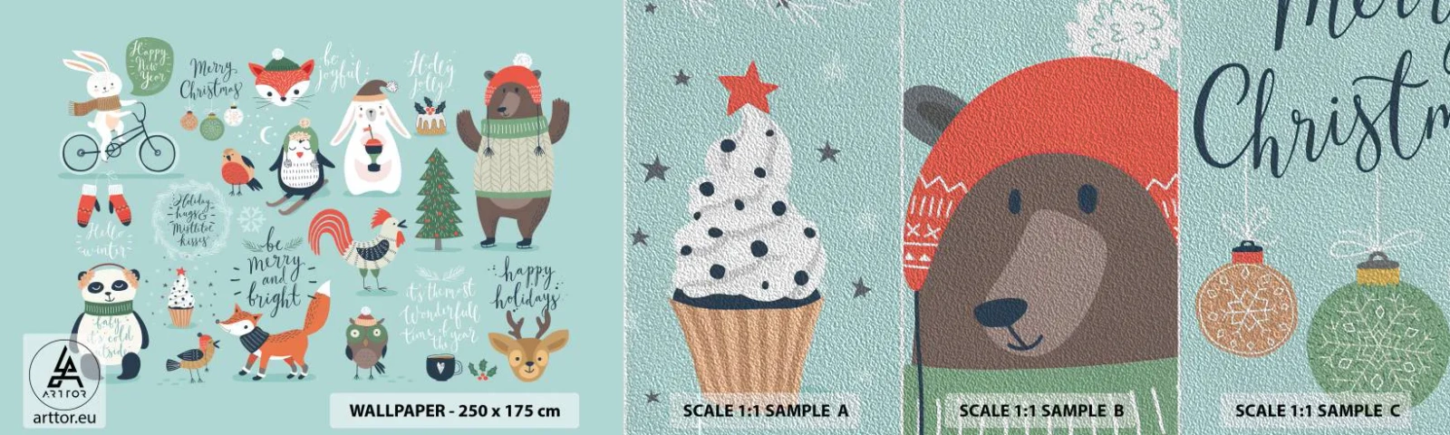 Amostra de papel de parede Premium Sand - Que seja sempre Natal! - Para crianças, Inverno, Animais felizes - 100x30 cm