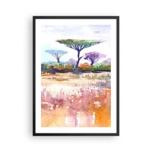 Pôster com moldura preta - Uma pintura em aquarela de uma paisagem de savana com acácias. - 50x70cm - Cores da savana - Decoração de parede moderna para a sala de estar e quarto ARTTOR