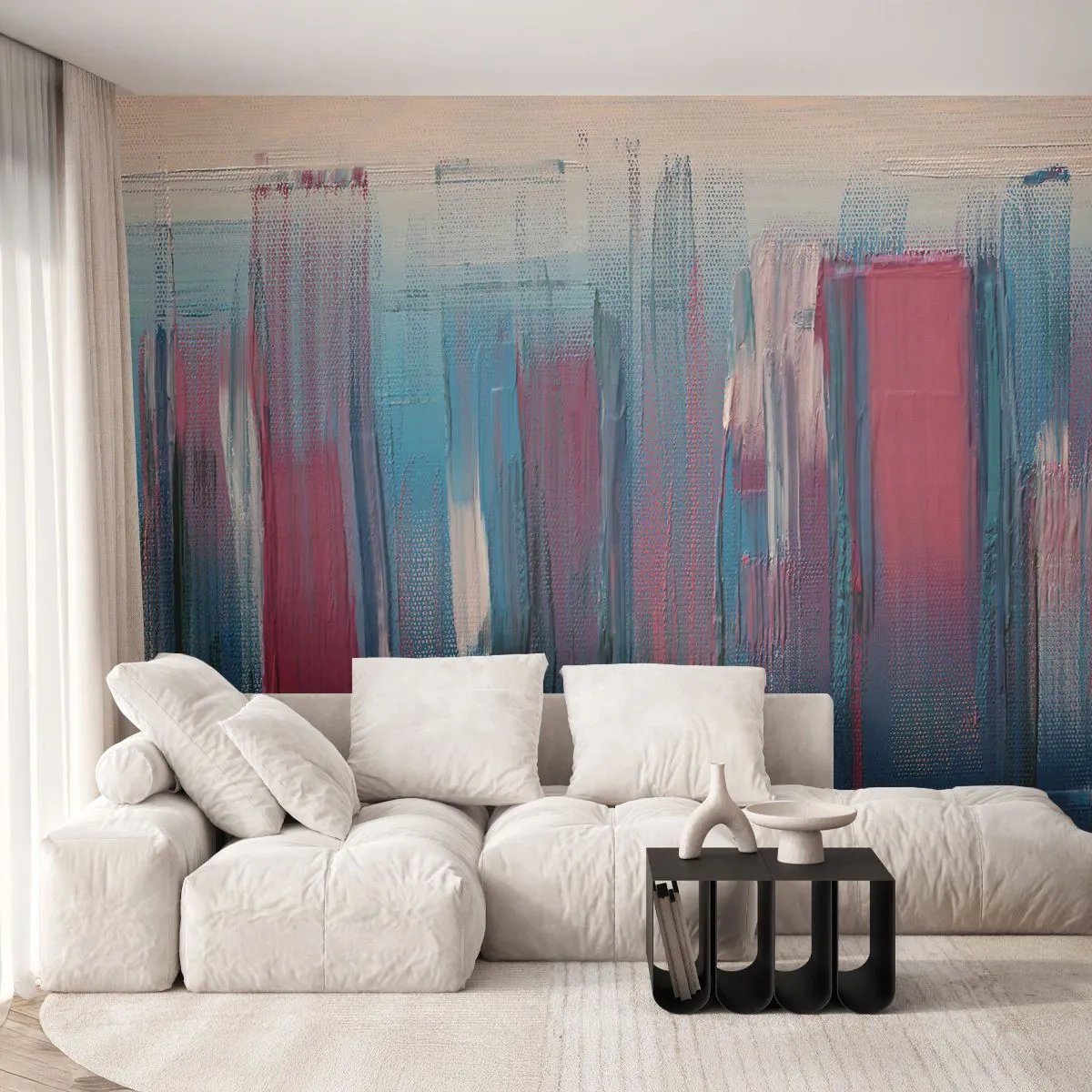 Papel de Parede Autocolante Deluxe Sticker - Composição vertical em azul e vermelho - Pedaço, Abstração, Pintar - 450x315 cm
