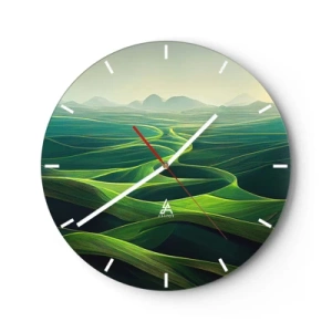Relógio de parede - Relógio em vidro - Vales e colinas verdes em uma abordagem artística da paisagem - 30x30cm - Nos vales verdes - Decoração de parede moderna para a sala de estar, cozinha e quarto ARTTOR