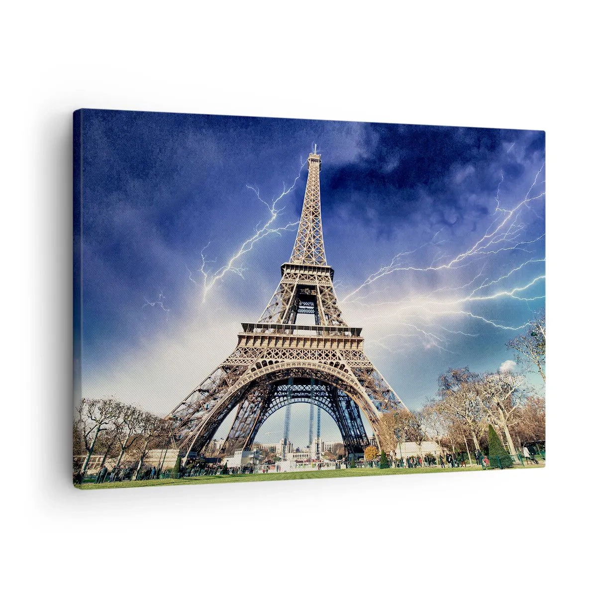 Quadro em tela - A Torre Eiffel com um céu tempestuoso e relâmpagos ao fundo - 70x50cm - Senhora das Tempestades - Decoração de parede moderna para a sala de estar e quarto ARTTOR