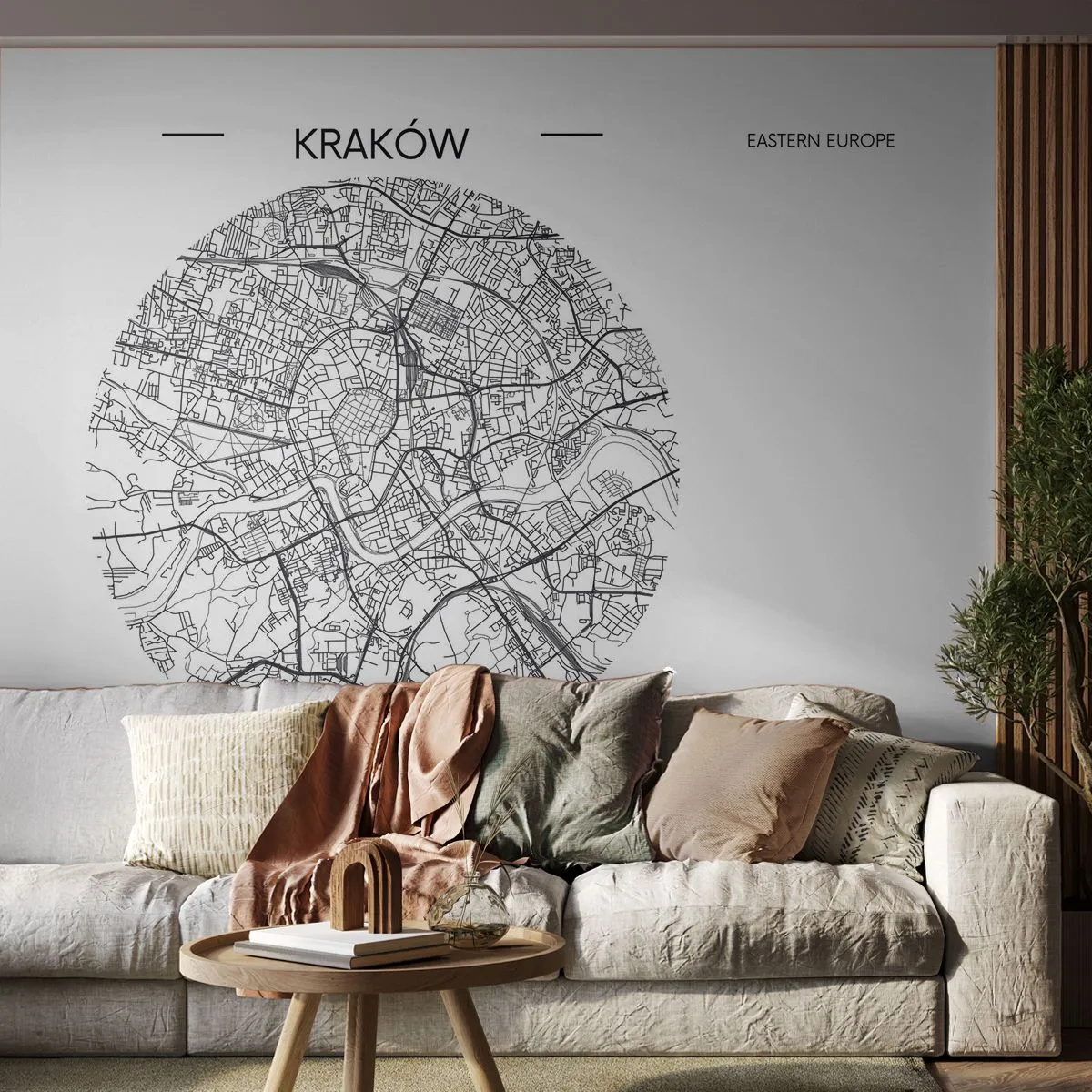 Papel de Parede Standard Eco - Um mapa de Cracóvia em uma moldura redonda sobre um fundo branco - 100x70cm - Anatomia de Cracóvia - Decoração de parede moderna para a sala de estar e quarto ARTTOR