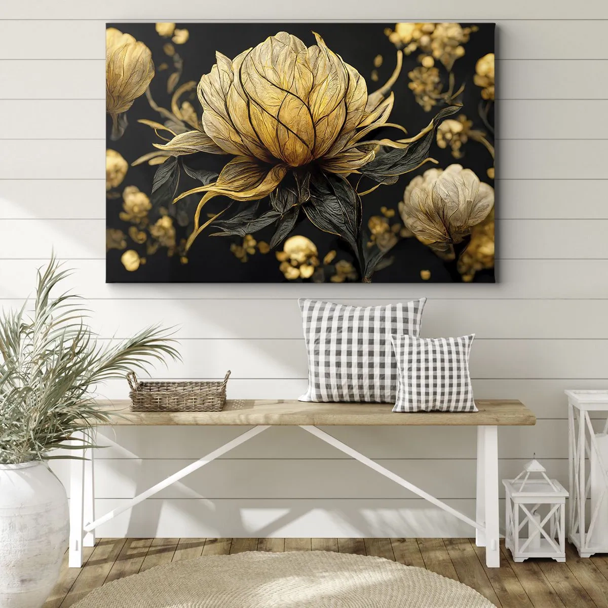 Quadro em tela - Flor dourada em fundo escuro - 70x50cm - Fragilidade sutil - Decoração de parede moderna para a sala de estar e quarto ARTTOR
