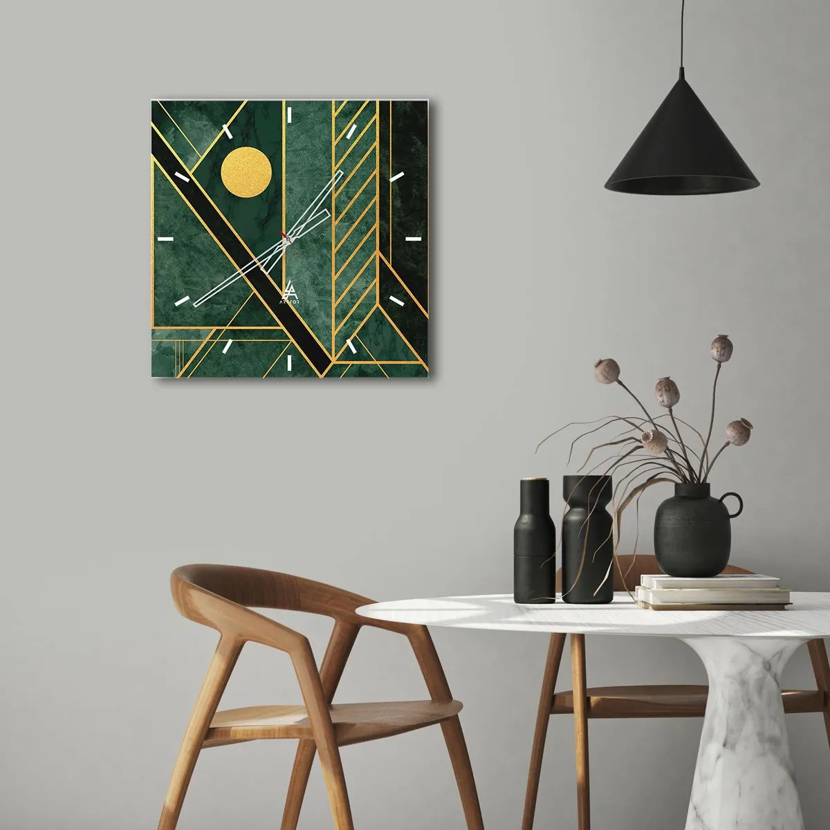 Relógio de parede - Relógio em vidro - A dinâmica do ouro e do azul - 40x40 cm