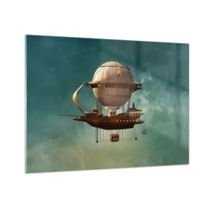 Quadro em vidro - Um dirigível voador com uma casa de estilo retrô no céu - 70x50cm - Saudações de Júlio Verne - Decoração de parede moderna para a sala de estar e quarto ARTTOR