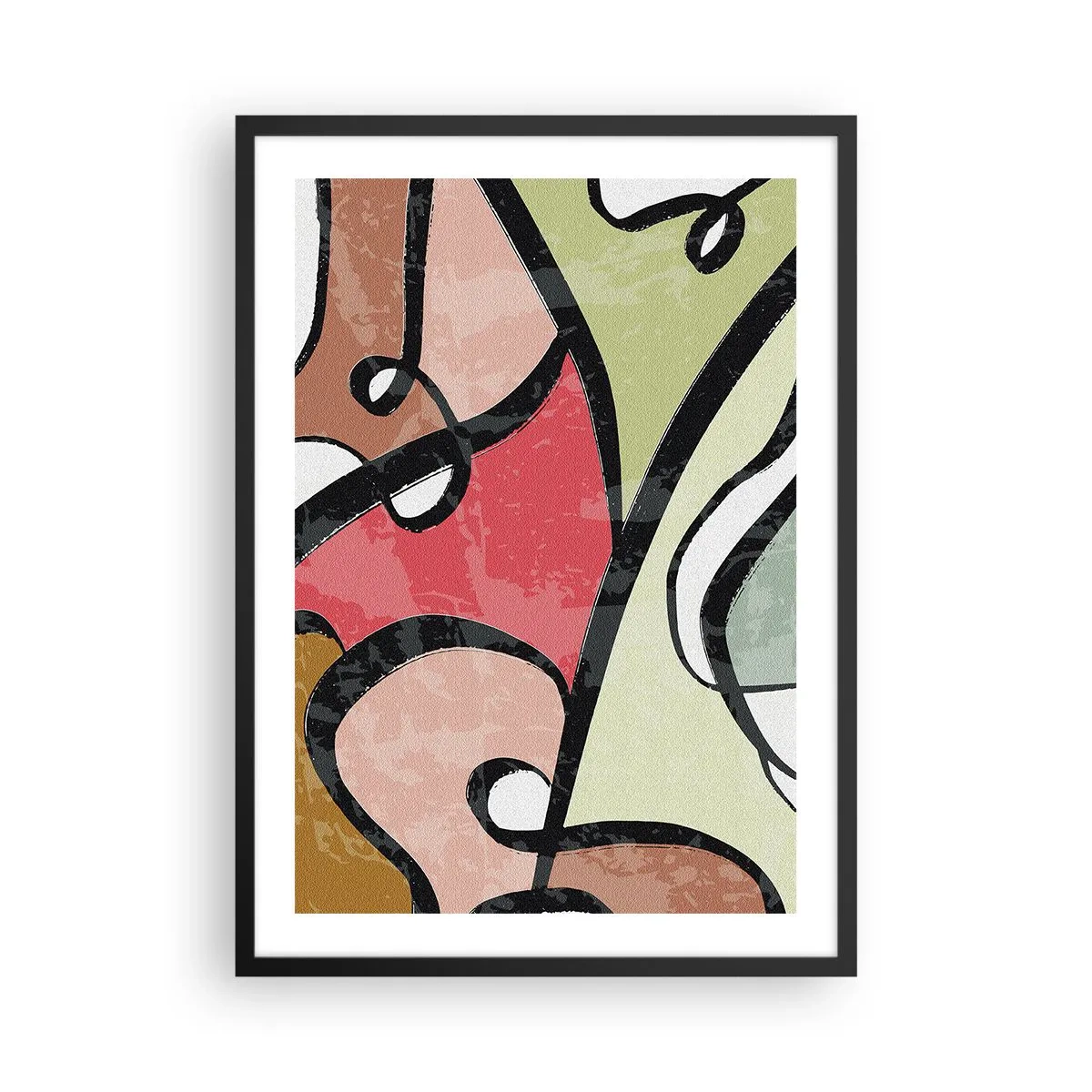 Pôster com moldura preta - Abstração colorida com contornos pretos - 50x70cm - Piruetas entre cores - Decoração de parede moderna para a sala de estar e quarto ARTTOR